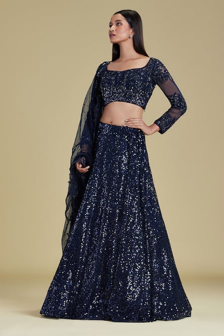 Buy Cherie D Blue Silk, Tulle Scoop Neck Embroidered Bridal Lehenga Set Online at Aza Fashions Buy_Cherie D_Blue Silk, Tulle Scoop Neck Embroidered Bridal Lehenga Set _Online_at_Aza_Fashions