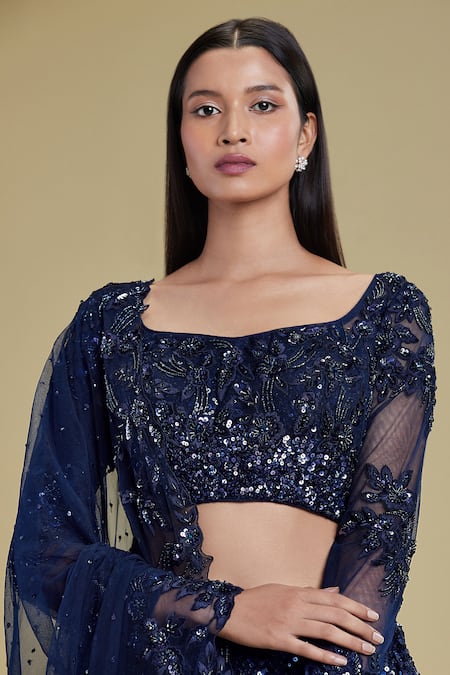 Shop Cherie D Blue Silk, Tulle Scoop Neck Embroidered Bridal Lehenga Set Online at Aza Fashions Shop_Cherie D_Blue Silk, Tulle Scoop Neck Embroidered Bridal Lehenga Set _Online_at_Aza_Fashions