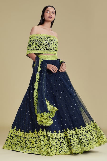 Cherie D Blue Silk, Tulle, Scuba One Shoulder Embroidered Lehenga Set