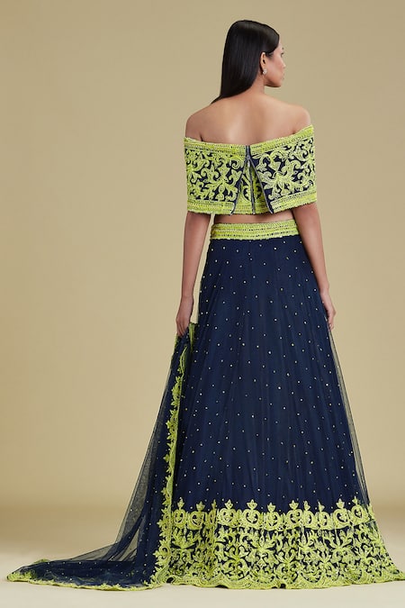 Shop Cherie D Blue Silk, Tulle, Scuba One Shoulder Embroidered Lehenga Set at Aza Fashions Shop_Cherie D_Blue Silk, Tulle, Scuba One Shoulder Embroidered Lehenga Set _at_Aza_Fashions
