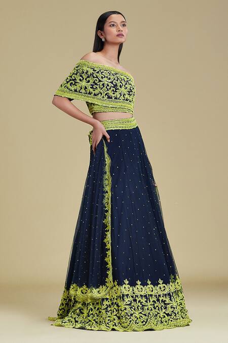 Cherie D Blue Silk, Tulle, Scuba One Shoulder Embroidered Lehenga Set Online at Aza Fashions Cherie D_Blue Silk, Tulle, Scuba One Shoulder Embroidered Lehenga Set _Online_at_Aza_Fashions