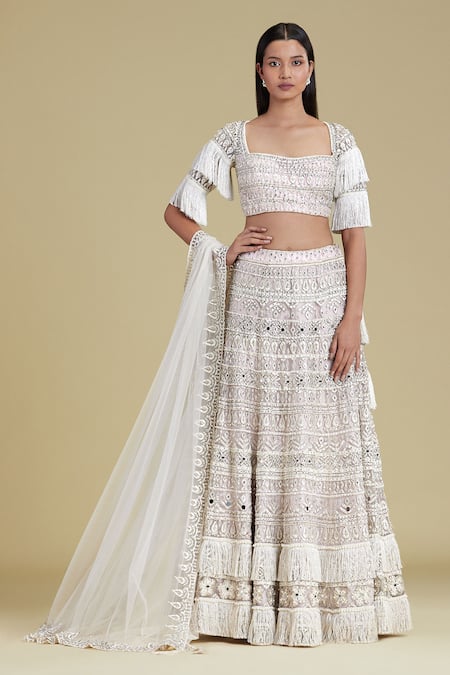 Cherie D Pink Silk, Tulle Square Neck Embroidered Lehenga Set