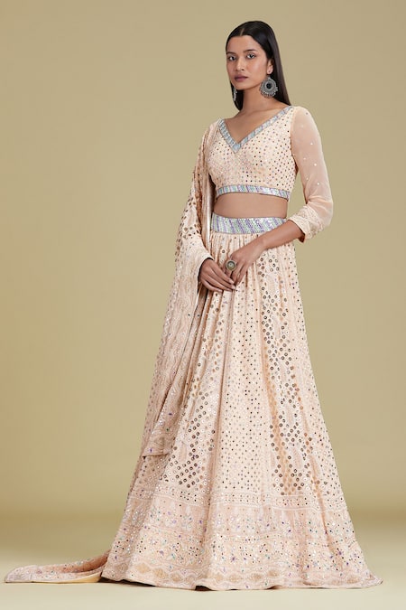 Buy_Cherie D_Peach Chikankari V Neck Bridal Lehenga Set _Online_at_Aza_Fashions