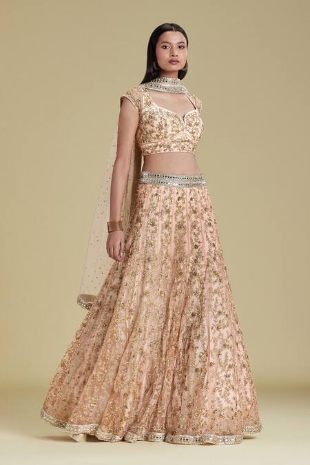 Cherie D_Peach Silk, Tulle Leaf Neck Embroidered Bridal Lehenga Set _Online_at_Aza_Fashions