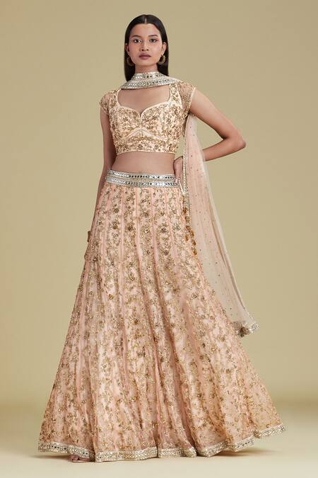 Buy_Cherie D_Peach Silk, Tulle Leaf Neck Embroidered Bridal Lehenga Set _Online_at_Aza_Fashions
