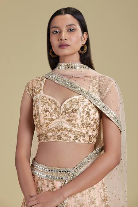 Shop_Cherie D_Peach Silk, Tulle Leaf Neck Embroidered Bridal Lehenga Set _Online_at_Aza_Fashions