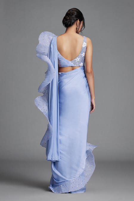 Shop Cherie D Blue Organza, Tulle, Satin V Neck Pre-draped Ruffle Saree With Blouse at Aza Fashions Shop_Cherie D_Blue Organza, Tulle, Satin V Neck Pre-draped Ruffle Saree With Blouse _at_Aza_Fashions