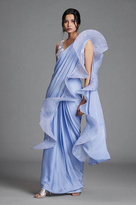 Cherie D Blue Organza, Tulle, Satin V Neck Pre-draped Ruffle Saree With Blouse Online at Aza Fashions Cherie D_Blue Organza, Tulle, Satin V Neck Pre-draped Ruffle Saree With Blouse _Online_at_Aza_Fashions