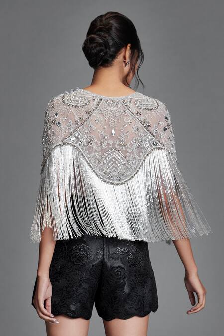 Shop Cherie D Grey Tulle Round Embroidered Cape at Aza Fashions Shop_Cherie D_Grey Tulle Round Embroidered Cape _at_Aza_Fashions