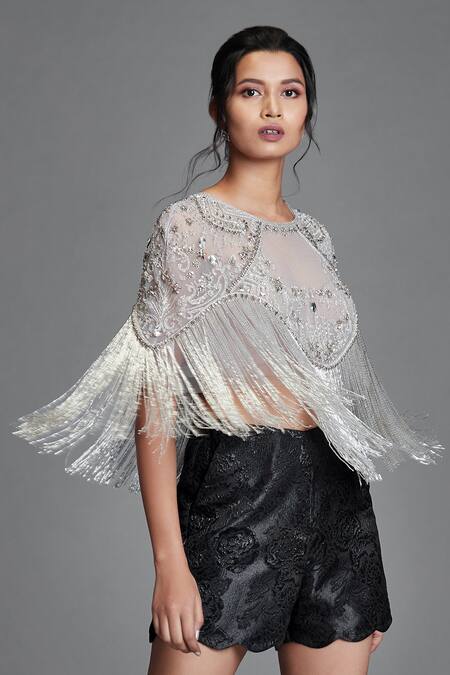 Cherie D Grey Tulle Round Embroidered Cape Online at Aza Fashions Cherie D_Grey Tulle Round Embroidered Cape _Online_at_Aza_Fashions
