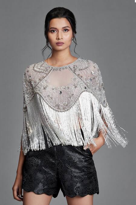 Buy Cherie D Grey Tulle Round Embroidered Cape Online at Aza Fashions Buy_Cherie D_Grey Tulle Round Embroidered Cape _Online_at_Aza_Fashions