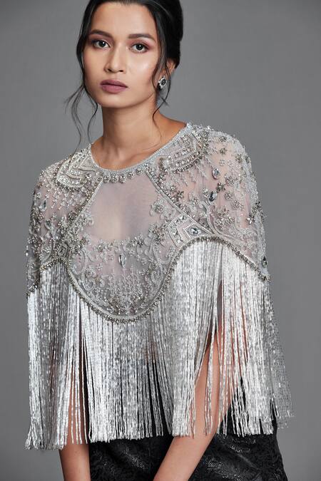 Shop Cherie D Grey Tulle Round Embroidered Cape Online at Aza Fashions Shop_Cherie D_Grey Tulle Round Embroidered Cape _Online_at_Aza_Fashions