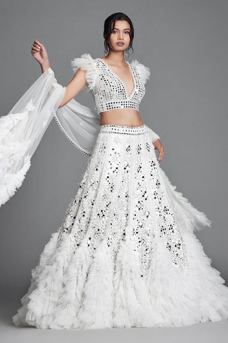 Cherie D White Silk, Tulle, Satin V Neck Embroidered Ruffle Lehenga Set