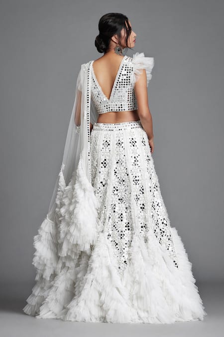 Shop Cherie D White Silk, Tulle, Satin V Neck Embroidered Ruffle Lehenga Set at Aza Fashions Shop_Cherie D_White Silk, Tulle, Satin V Neck Embroidered Ruffle Lehenga Set _at_Aza_Fashions