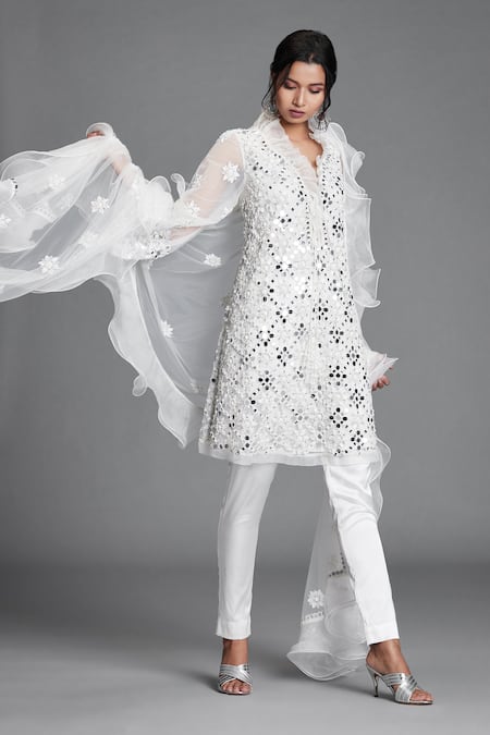 Cherie D White Silk, Organza, Tulle V Neck Embroidered Kurta Set