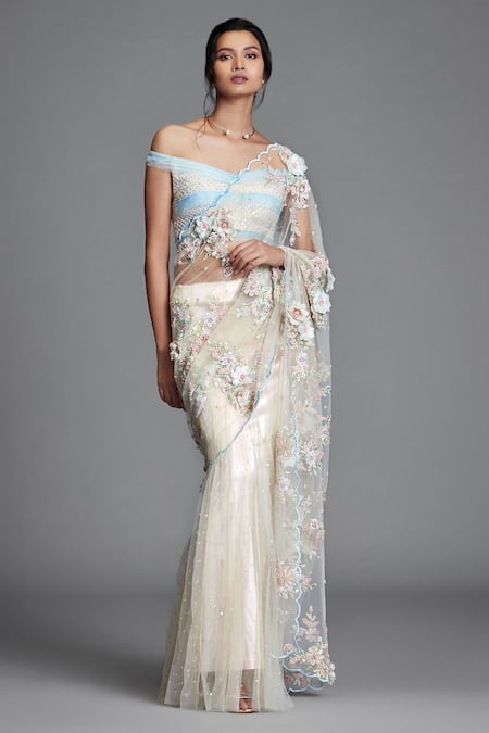 Cherie D_White Silk, Organza, Tulle, Satin One Shoulder Embroidered Lehenga Saree _Online_at_Aza_Fashions