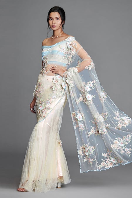 Shop_Cherie D_White Silk, Organza, Tulle, Satin One Shoulder Embroidered Lehenga Saree _Online_at_Aza_Fashions