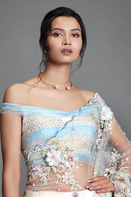 Cherie D_White Silk, Organza, Tulle, Satin One Shoulder Embroidered Lehenga Saree _at_Aza_Fashions