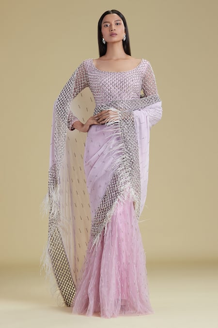 Cherie D Pink Tulle Scoop Neck Silk Embroidered Lehenga Saree 