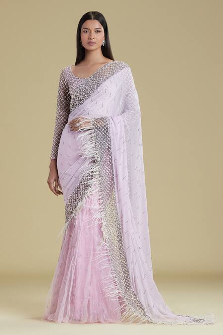 Shop Cherie D Pink Silk, Tulle, Georgette Scoop Neck Embroidered Lehenga Saree Online at Aza Fashions Shop_Cherie D_Pink Silk, Tulle, Georgette Scoop Neck Embroidered Lehenga Saree _Online_at_Aza_Fashions