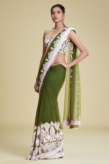 Cherie D Green Silk, Tulle, Satin Round Embroidered Saree With Blouse Online at Aza Fashions Cherie D_Green Silk, Tulle, Satin Round Embroidered Saree With Blouse _Online_at_Aza_Fashions