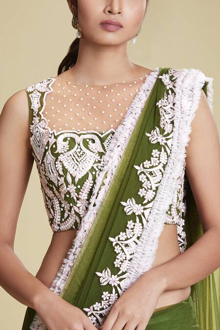 Buy Cherie D Green Silk, Tulle, Satin Round Embroidered Saree With Blouse Online at Aza Fashions Buy_Cherie D_Green Silk, Tulle, Satin Round Embroidered Saree With Blouse _Online_at_Aza_Fashions