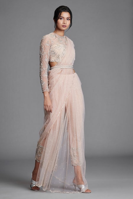 Cherie D_Peach Silk, Tulle Round Pant Saree With Blouse _Online_at_Aza_Fashions