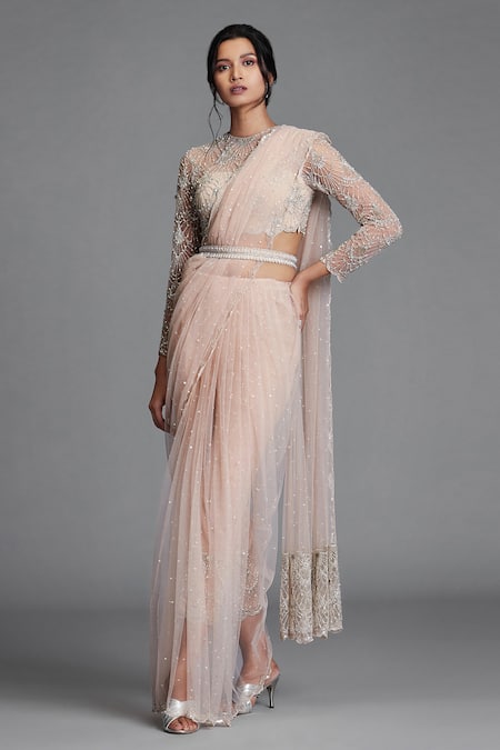 Buy_Cherie D_Peach Silk, Tulle Round Pant Saree With Blouse _Online_at_Aza_Fashions