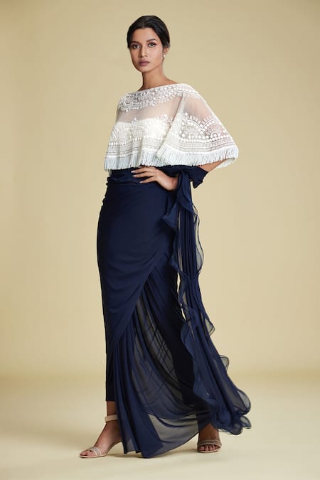 Cherie D Blue Silk, Tulle, Satin Blouse Sweetheart Cape Round Pant Saree With And