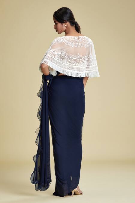 Shop Cherie D Blue Silk, Tulle, Satin Blouse Sweetheart Cape Round Pant Saree With And at Aza Fashions Shop_Cherie D_Blue Silk, Tulle, Satin Blouse Sweetheart Cape Round Pant Saree With And _at_Aza_Fashions