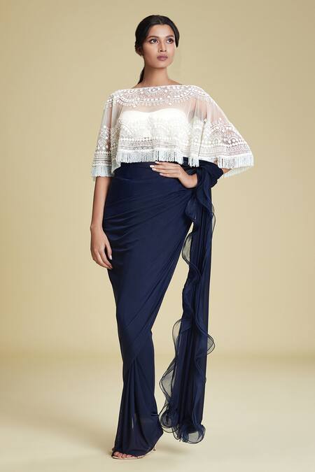 Cherie D Blue Silk, Tulle, Satin Blouse Sweetheart Cape Round Pant Saree With And Online at Aza Fashions Cherie D_Blue Silk, Tulle, Satin Blouse Sweetheart Cape Round Pant Saree With And _Online_at_Aza_Fashions