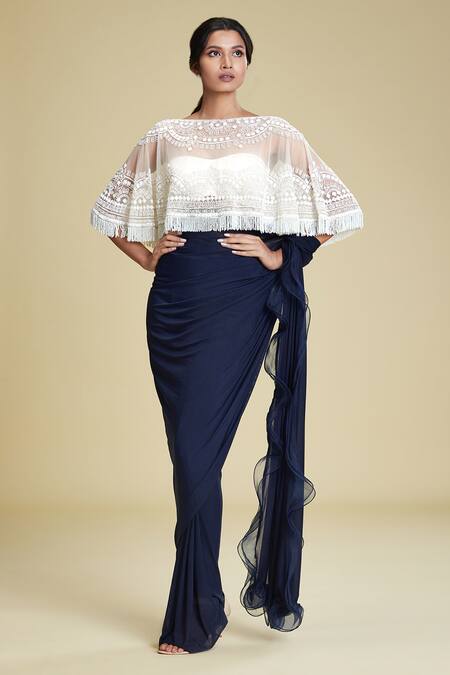 Buy Cherie D Blue Silk, Tulle, Satin Blouse Sweetheart Cape Round Pant Saree With And Online at Aza Fashions Buy_Cherie D_Blue Silk, Tulle, Satin Blouse Sweetheart Cape Round Pant Saree With And _Online_at_Aza_Fashions