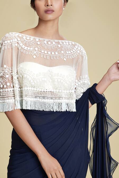 Shop Cherie D Blue Silk, Tulle, Satin Blouse Sweetheart Cape Round Pant Saree With And Online at Aza Fashions Shop_Cherie D_Blue Silk, Tulle, Satin Blouse Sweetheart Cape Round Pant Saree With And _Online_at_Aza_Fashions