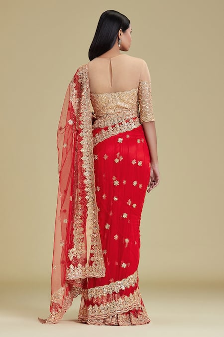 Shop Cherie D Red Silk, Tulle, Satin Round Lehenga Saree With Blouse at Aza Fashions Shop_Cherie D_Red Silk, Tulle, Satin Round Lehenga Saree With Blouse _at_Aza_Fashions