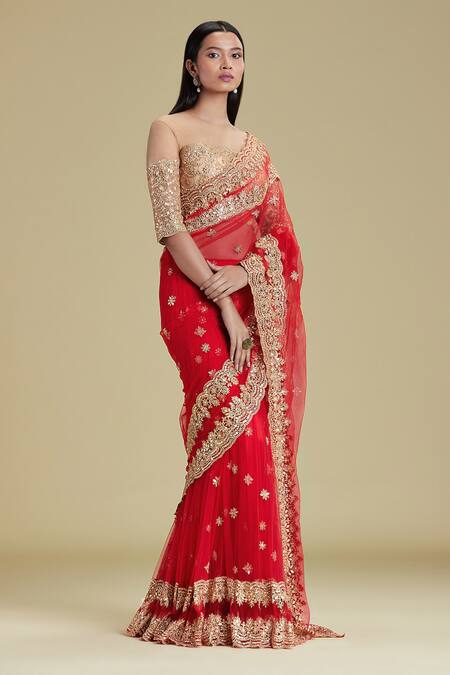 Cherie D Red Silk, Tulle, Satin Round Lehenga Saree With Blouse Online at Aza Fashions Cherie D_Red Silk, Tulle, Satin Round Lehenga Saree With Blouse _Online_at_Aza_Fashions