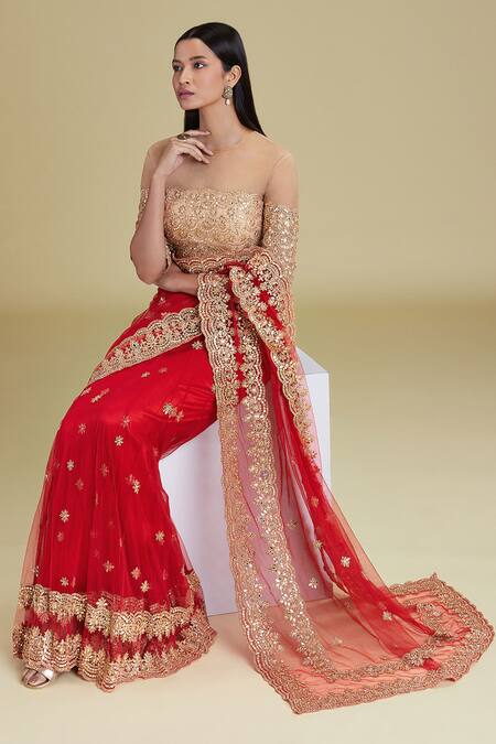Buy Cherie D Red Silk, Tulle, Satin Round Lehenga Saree With Blouse Online at Aza Fashions Buy_Cherie D_Red Silk, Tulle, Satin Round Lehenga Saree With Blouse _Online_at_Aza_Fashions