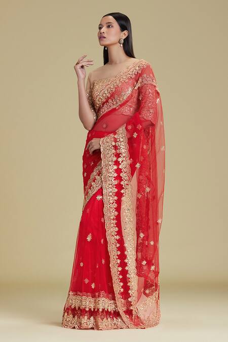Shop Cherie D Red Silk, Tulle, Satin Round Lehenga Saree With Blouse Online at Aza Fashions Shop_Cherie D_Red Silk, Tulle, Satin Round Lehenga Saree With Blouse _Online_at_Aza_Fashions