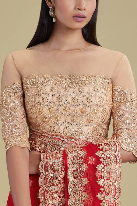 Cherie D Red Silk, Tulle, Satin Round Lehenga Saree With Blouse at Aza Fashions Cherie D_Red Silk, Tulle, Satin Round Lehenga Saree With Blouse _at_Aza_Fashions