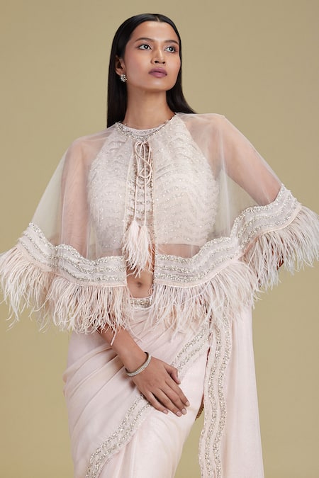 Buy_Cherie D_Pink Silk, Tulle, Chiffon, Satin Blouse Halter Neck Cape Round Saree With And _Online_at_Aza_Fashions