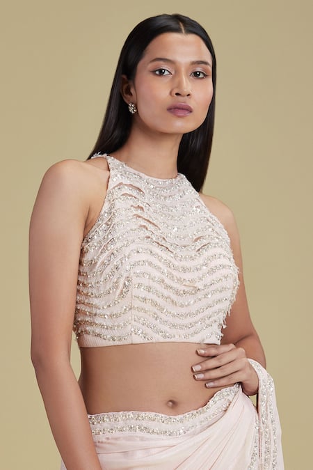 Shop_Cherie D_Pink Silk, Tulle, Chiffon, Satin Blouse Halter Neck Cape Round Saree With And _Online_at_Aza_Fashions