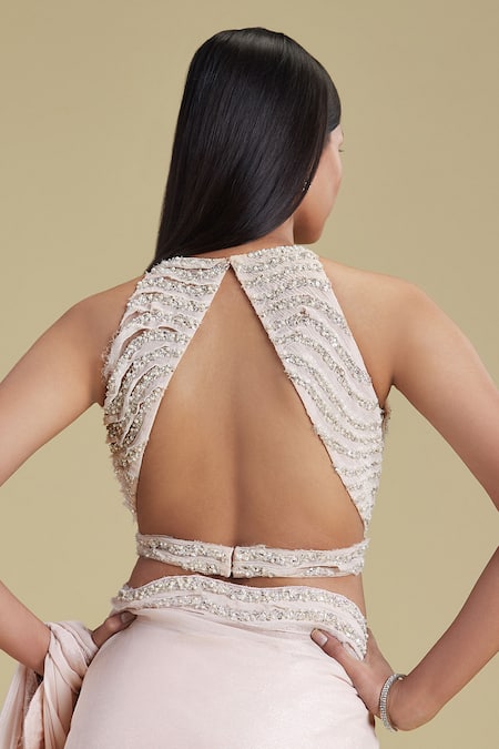 Cherie D_Pink Silk, Tulle, Chiffon, Satin Blouse Halter Neck Cape Round Saree With And _at_Aza_Fashions