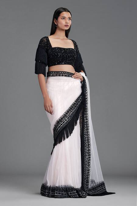 Cherie D_White Silk, Tulle, Satin Square Neck Embroidered Lehenga Saree _Online_at_Aza_Fashions