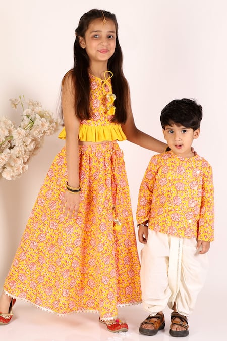 Lil Drama Orange Cotton Gota Patti, Embroidery Floral Print Choli And Lehenga Set at Aza Fashions Lil Drama_Orange Cotton Gota Patti, Embroidery Floral Print Choli And Lehenga Set _at_Aza_Fashions