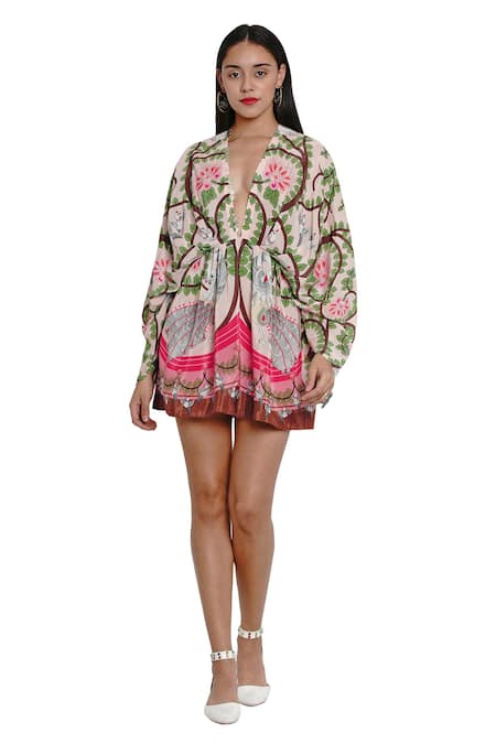 Limerick By Abirr N' Nanki_Pink Crepe V Neck Printed Kaftan Dress _Online_at_Aza_Fashions