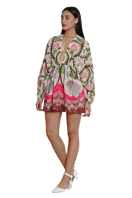 Buy_Limerick By Abirr N' Nanki_Pink Crepe V Neck Printed Kaftan Dress _Online_at_Aza_Fashions