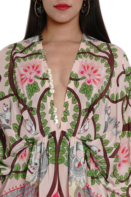 Shop_Limerick By Abirr N' Nanki_Pink Crepe V Neck Printed Kaftan Dress _Online_at_Aza_Fashions