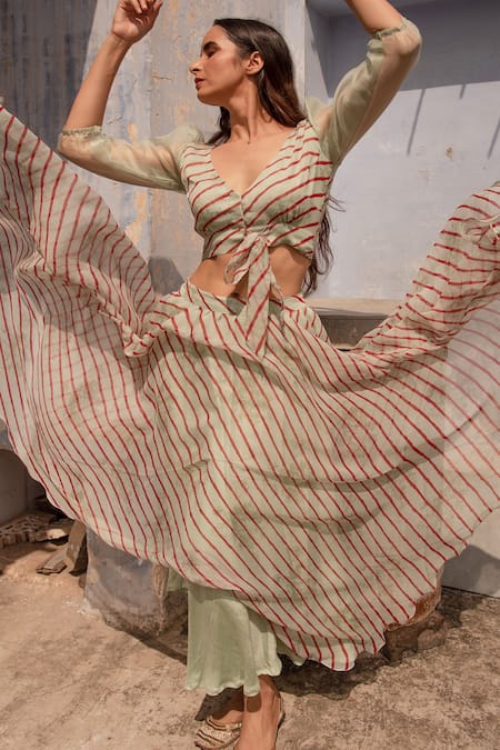 Shop Apeksha Jain Label Green Chiffon Striped V Neck Crop Top And Skirt Set at Aza Fashions Shop_Apeksha Jain Label_Green Chiffon Striped V Neck Crop Top And Skirt Set_at_Aza_Fashions