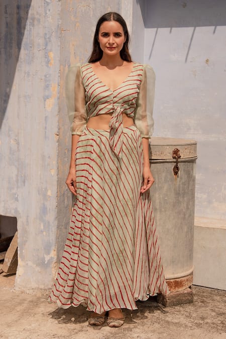 Apeksha Jain Label Green Chiffon Printed Striped V Neck Crop Top And Skirt Set 