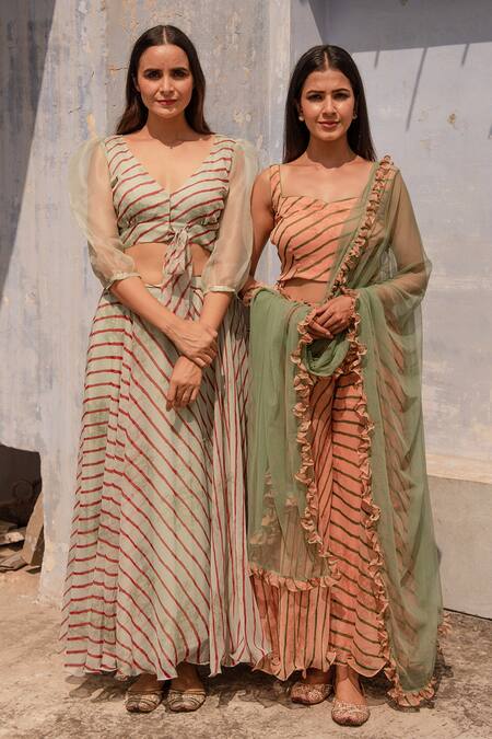 Apeksha Jain Label_Green Chiffon Striped V Neck Crop Top And Skirt Set_Online_at_Aza_Fashions