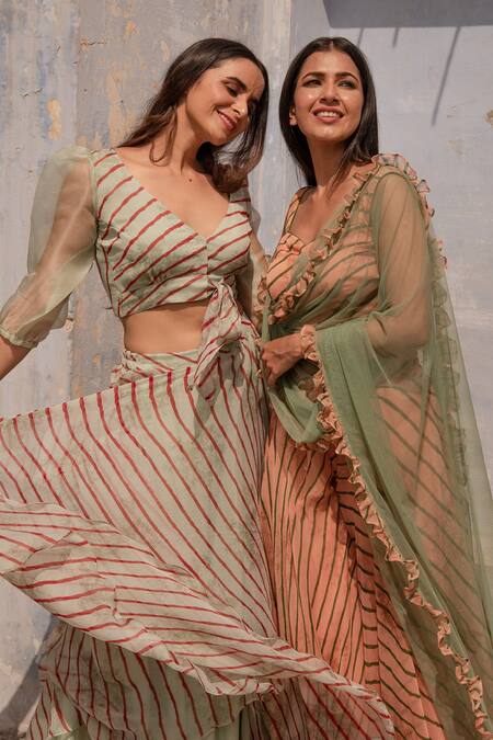 Buy_Apeksha Jain Label_Green Chiffon Striped V Neck Crop Top And Skirt Set_Online_at_Aza_Fashions